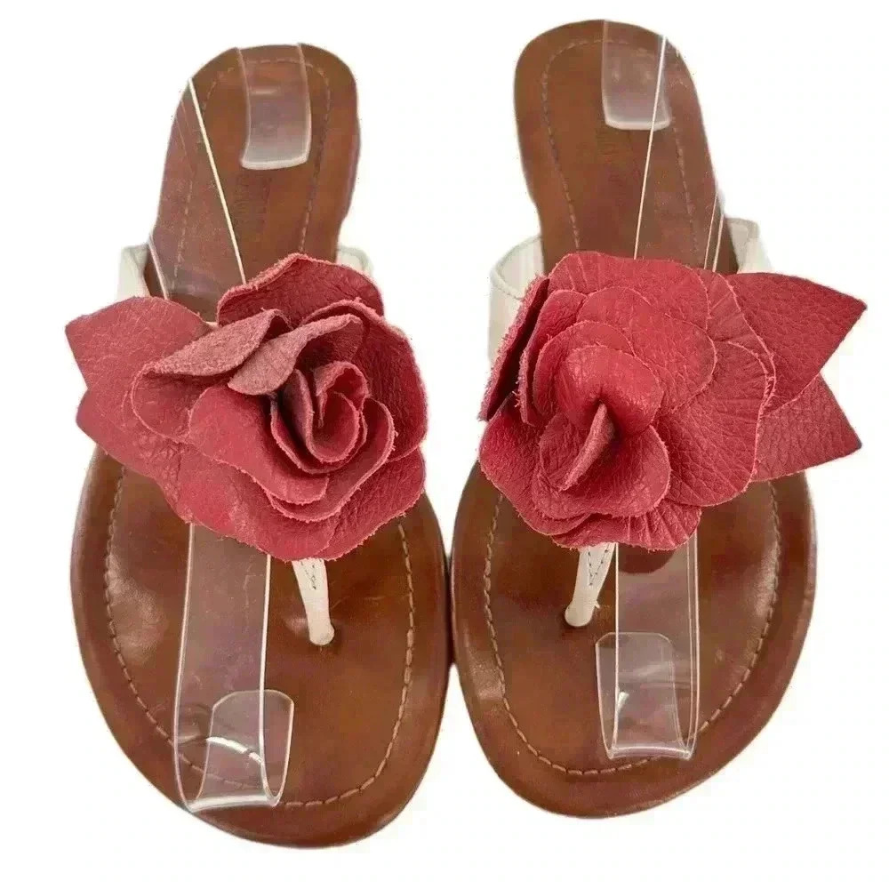 Colin Stuart sandals size 6.5 red white leather floral thong flip flops Y2K